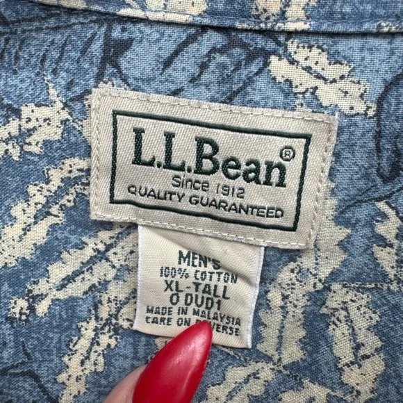 LL‎ Bean Mens XL Tall Short Sleeve Button Up Shirt Tropical Leaf Print Cotton - Picture 2 of 6